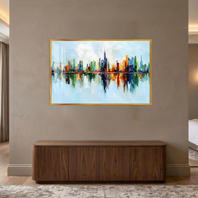 Renkli Şehir Skyline Gündüz Cam Tablo – Altin Cerceveli Cam Tablo