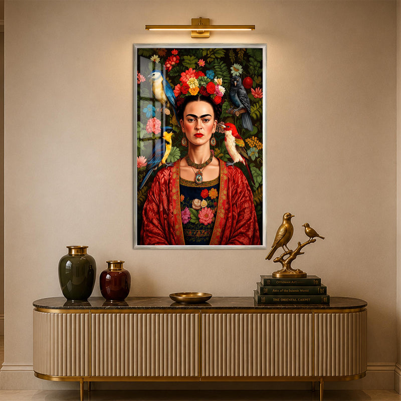 Kuşlar ve Çiçeklerle Frida Kahlo Cam Tablo – Gümüş Çerçeveli Cam Tablo