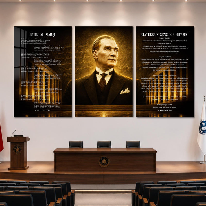 Atatürk Köşesi Üçlü Cam Tablo Seti — Vintage El Yazılı Sepya