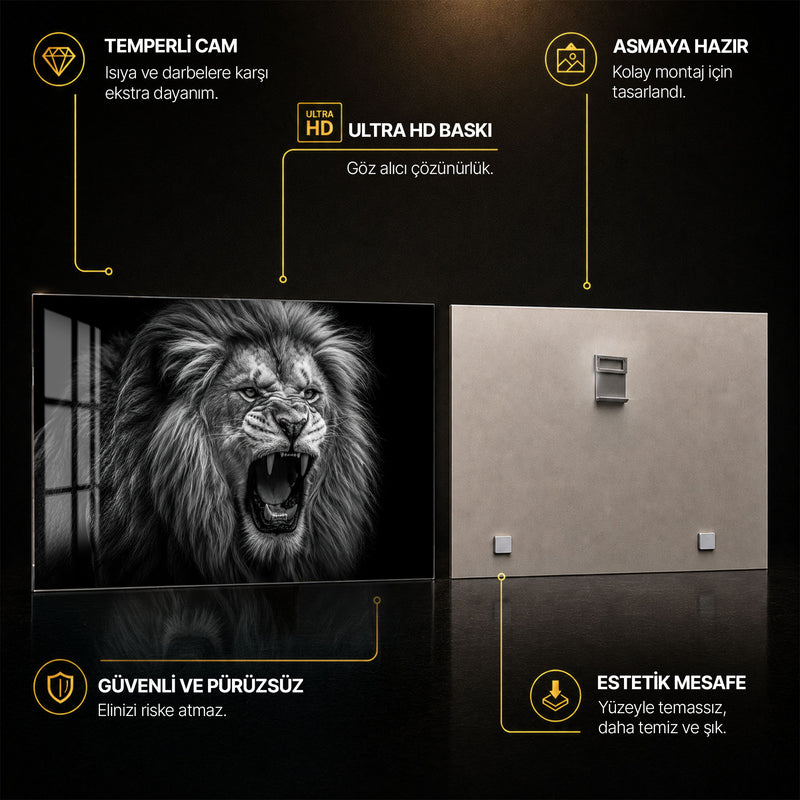 Kükreyen Aslan Siyah Beyaz Cam Tablo – Cam Tablo