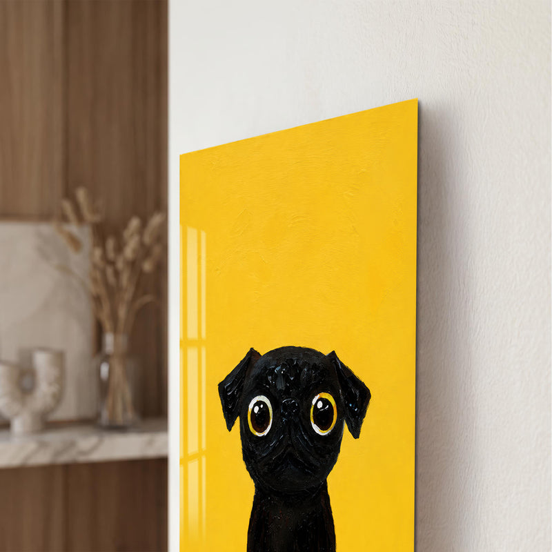 Sarı Fonda Siyah Pug Cam Tablo – Cam Tablo