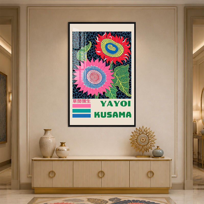 Pembe Kırmızı Benekli Ayçiçekleri Cam Tablo – Siyah Çerçeveli Cam Tablo