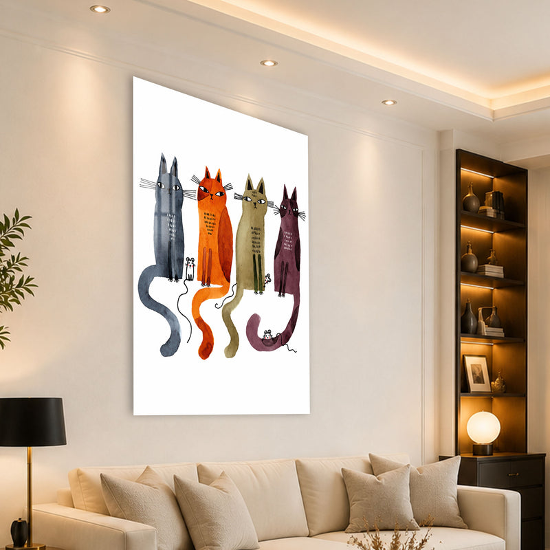 Dört Kedi ve Minik Fareler Cam Tablo – Cam Tablo