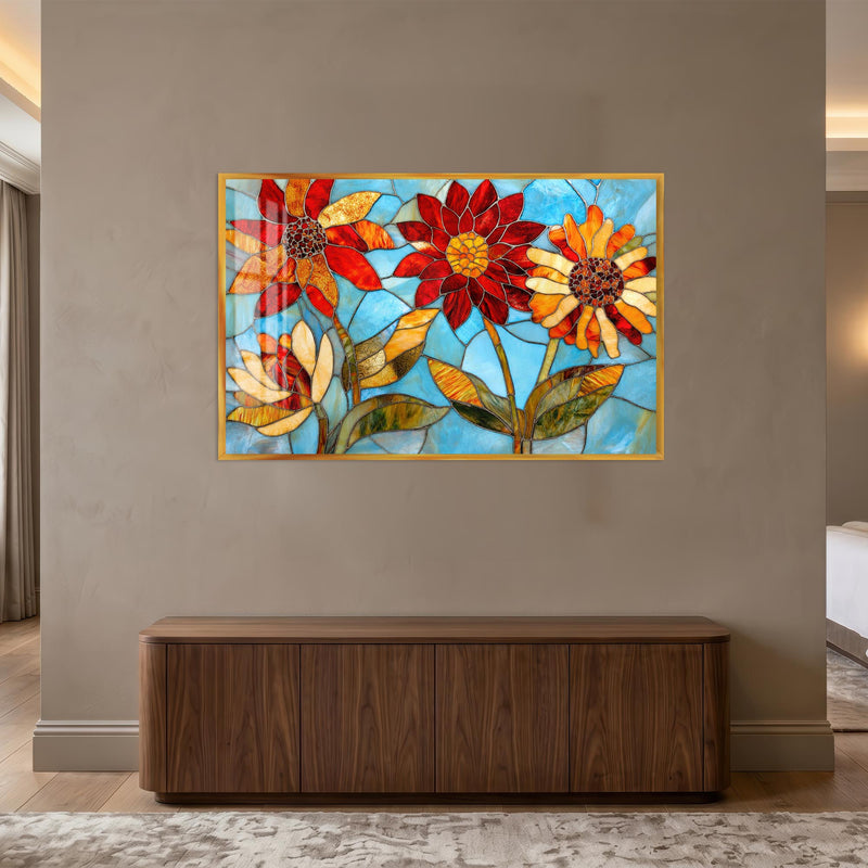 Vitray Ayçiçeği Cam Tablo – Altın Çerçeveli Cam Tablo