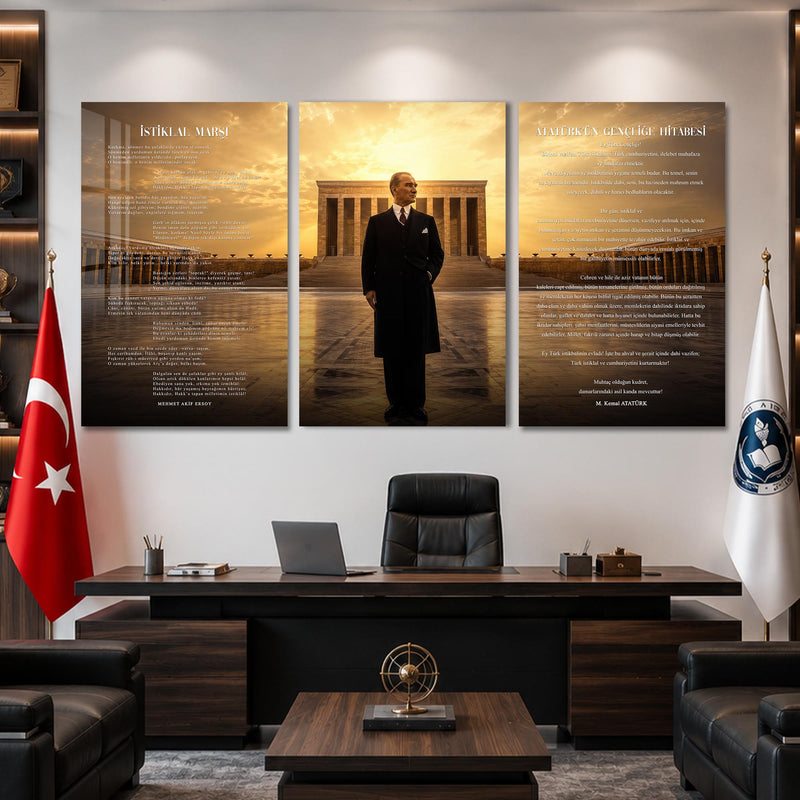 Atatürk Köşesi Üçlü Cam Tablo Seti — Anıtkabir Altın Işıklı