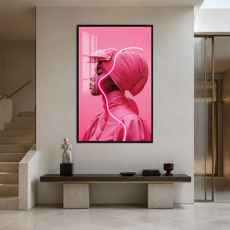Pembe Neon Çizgili Profil Cam Tablo – Siyah Çerçeveli Cam Tablo
