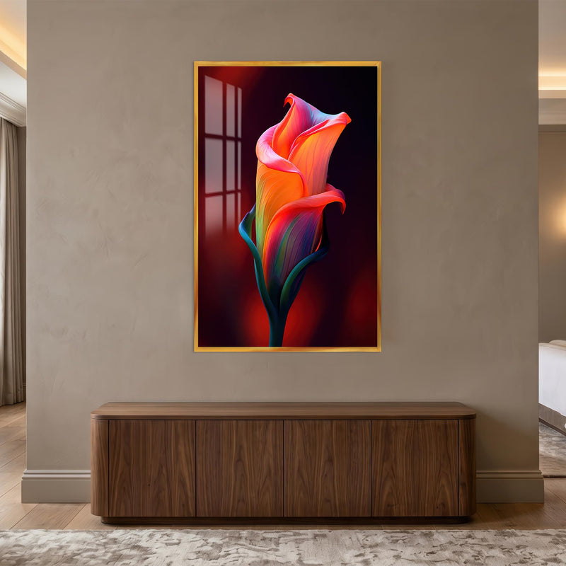 Neon Pembe Gelin Çiçeği Cam Tablo – Altın Çerçeveli Cam Tablo