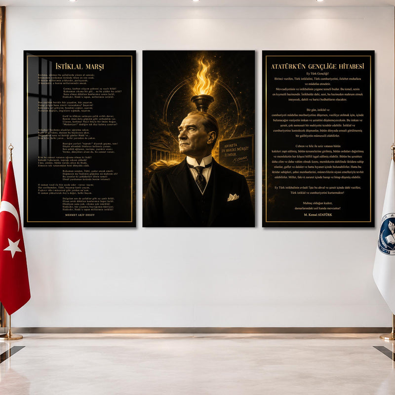 Atatürk Köşesi Üçlü Cam Tablo Seti — İlim Meşaleli