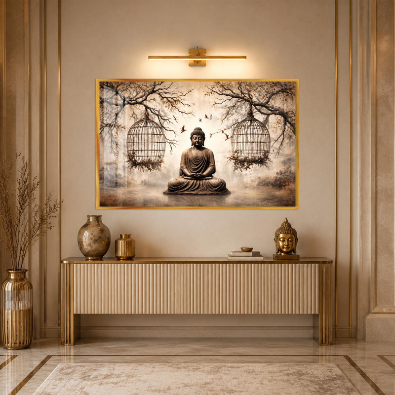 Meditasyon Yapan Buda ve Kuş Kafesleri Cam Tablo – Altın Çerçeveli Cam Tablo