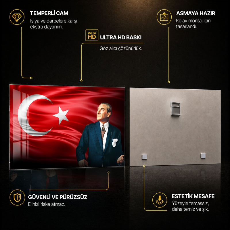 Bayrak Yanında Atatürk Cam Tablo