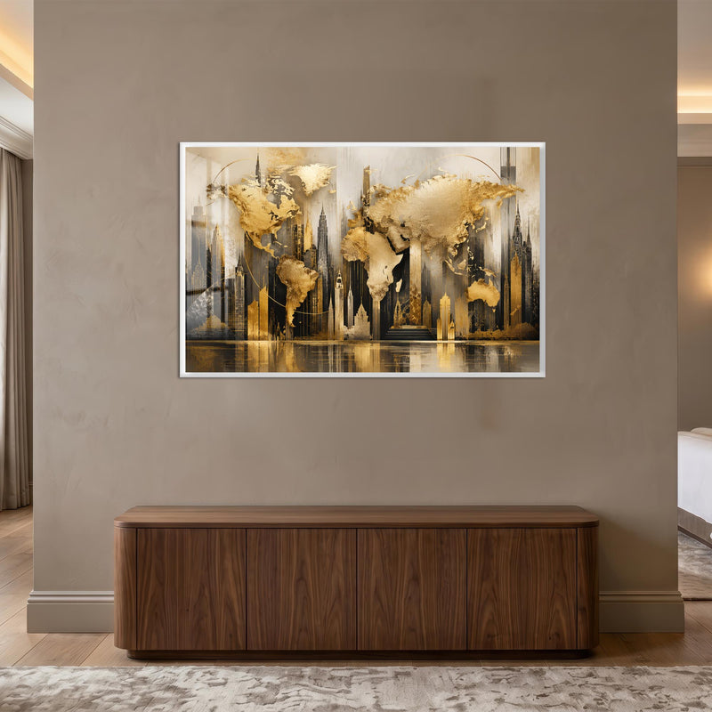 Art Deco Altın Metropol Dünya Haritası Cam Tablo – Beyaz Çerçeveli