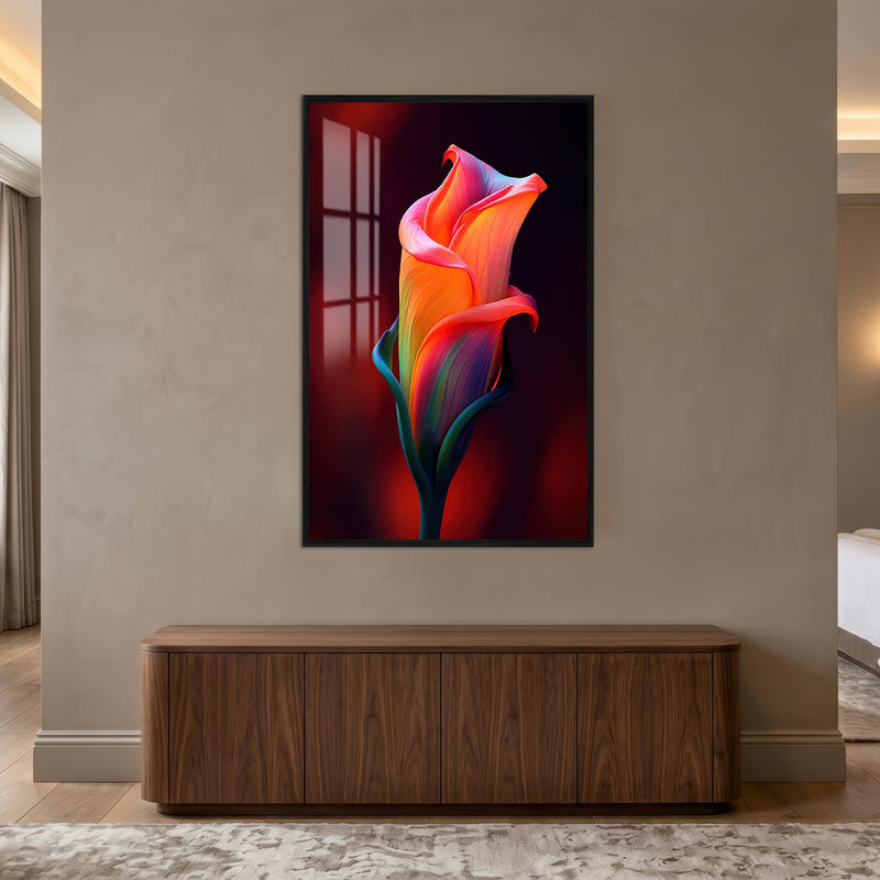 Neon Pembe Gelin Çiçeği Cam Tablo – Siyah Çerçeveli Cam Tablo