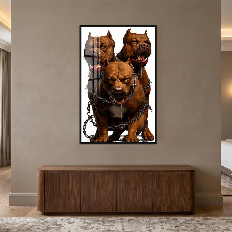 Zincirli Üç Pitbull Cam Tablo – Siyah Çerçeveli Cam Tablo