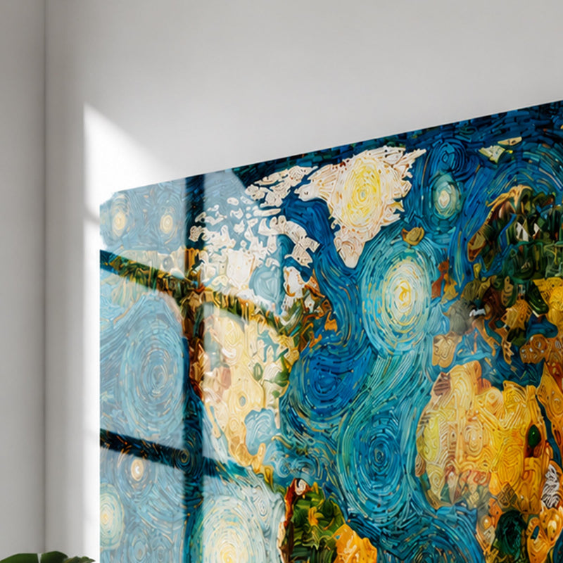 Van Gogh Yıldızlı Gece Dünya Haritası Cam Tablo