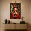 Kuşlar ve Çiçeklerle Frida Kahlo Cam Tablo – Ceviz Çerçeveli Cam Tablo