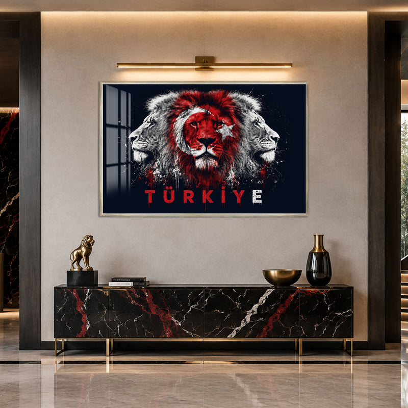Üç Aslan Türkiye Bayrağı Cam Tablo – Gümüş Çerçeveli Cam Tablo