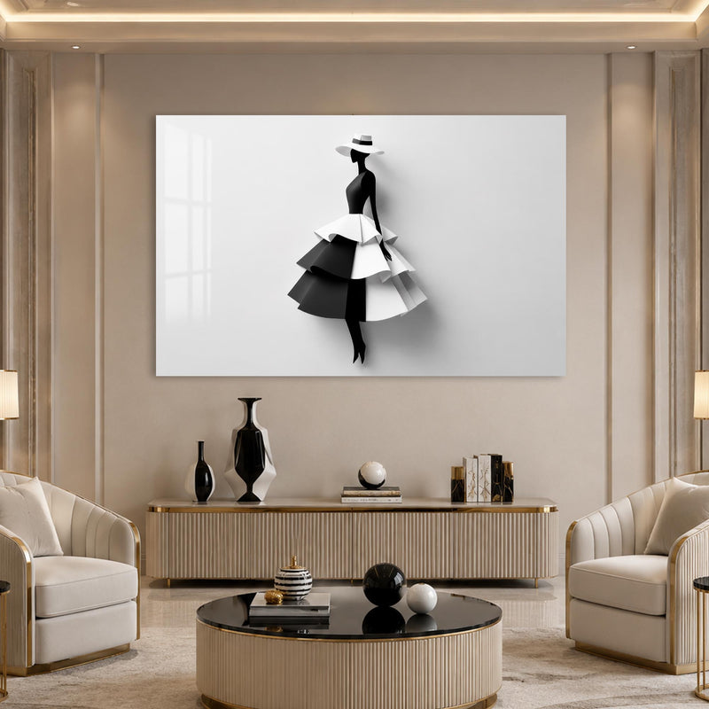 Katmanlı Siyah Beyaz Minimalist Moda Silüeti Cam Tablo – Cam Tablo