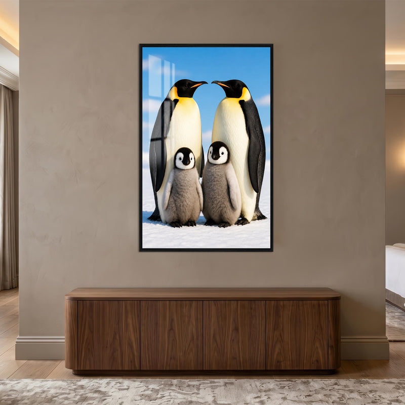 Penguen Ailesi Cam Tablo – Siyah Çerçeveli Cam Tablo