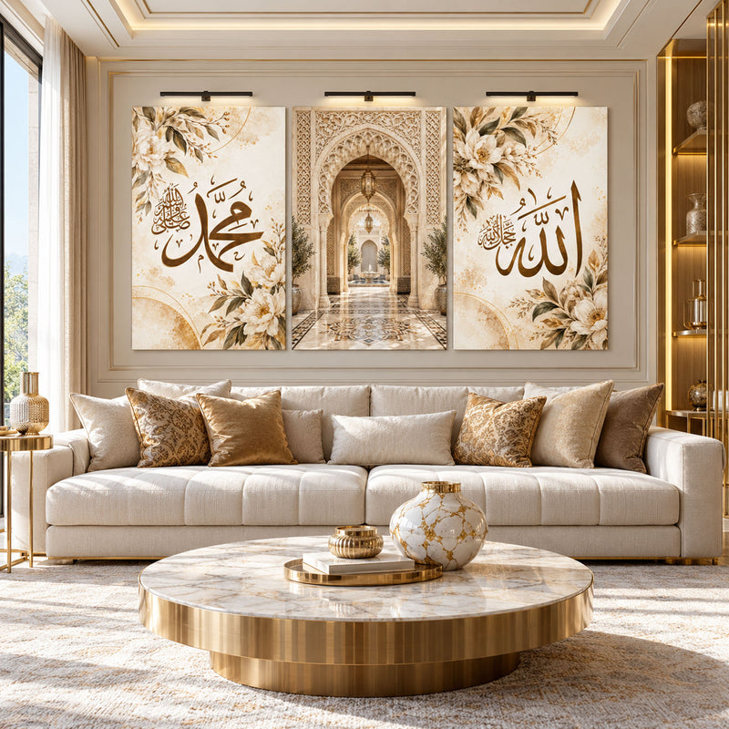Allah Muhammed Çiçekli Hat Üçlü Cam Tablo