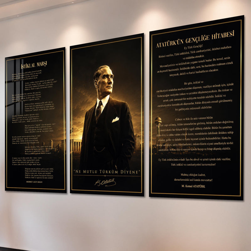 Atatürk Köşesi Üçlü Cam Tablo Seti — Altın Saatte Ankara