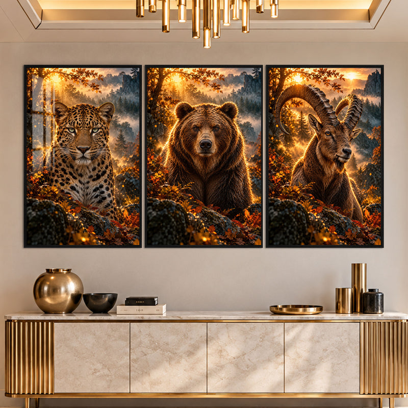 Leopar, Ayı ve Dağ Keçisi Üçlü Cam Tablo – Siyah Çerçeveli