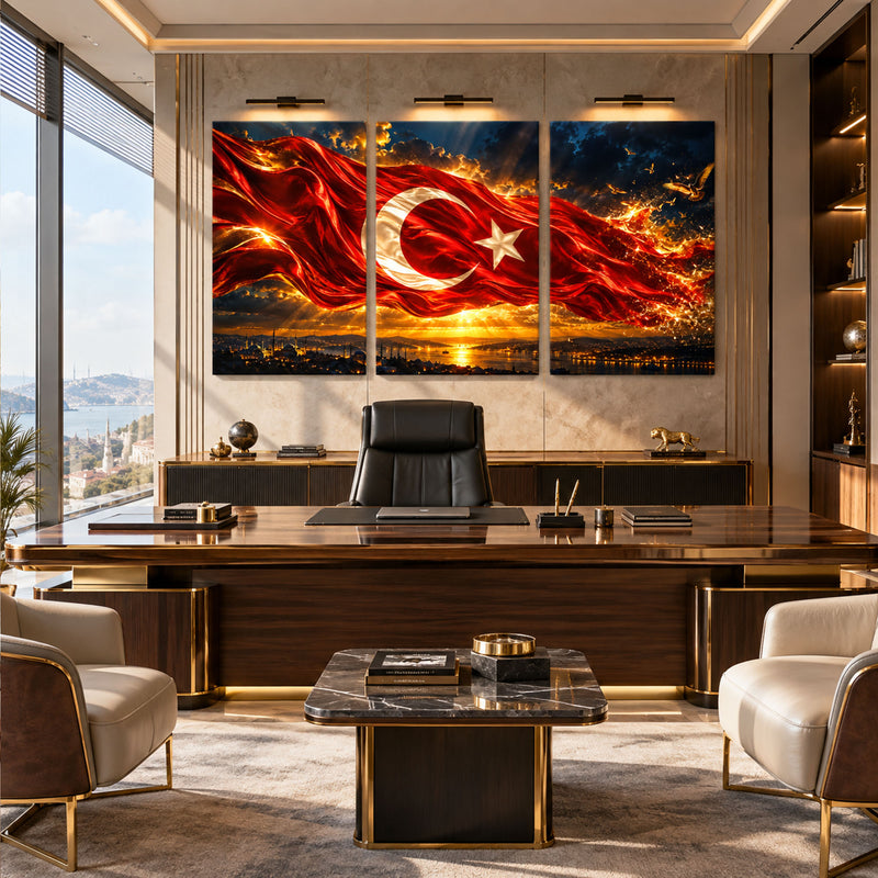 Alevli Türk Bayrağı Gün Batımı Üçlü Cam Tablo