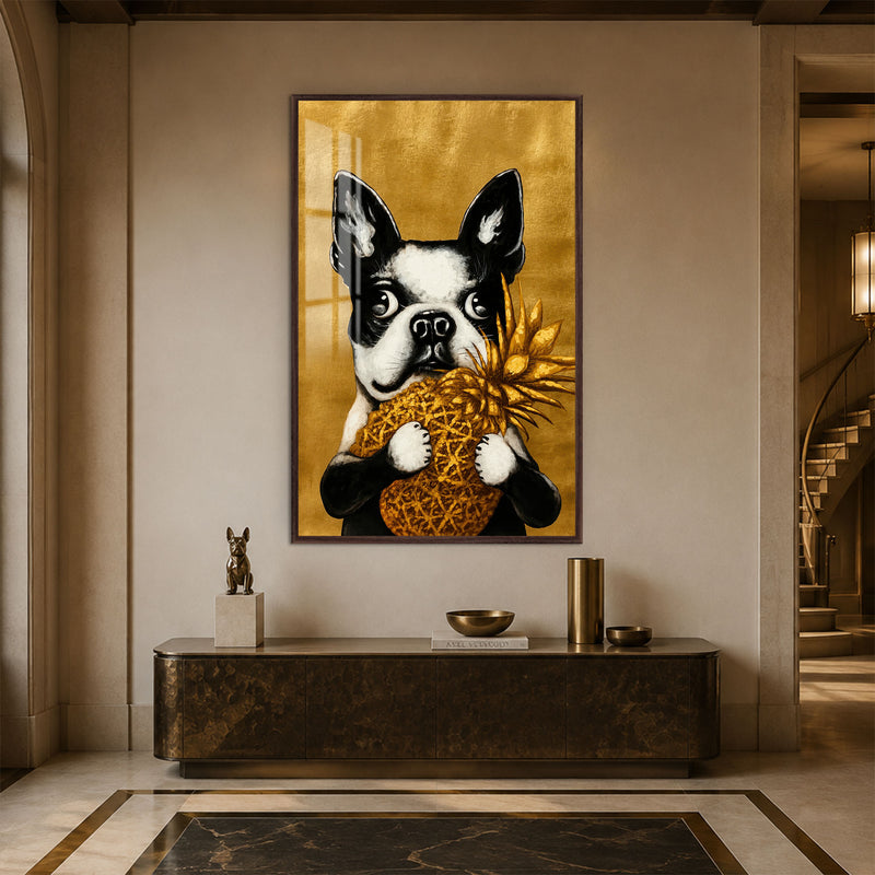 Ananaslı Boston Terrier Cam Tablo – Ceviz Çerçeveli Cam Tablo