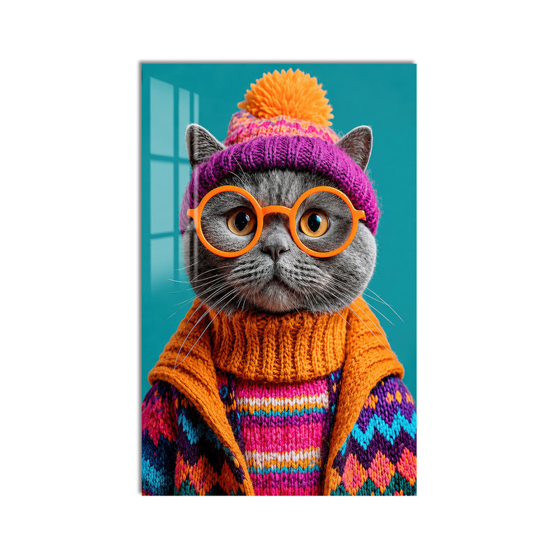 Bere Takan Gri Kedi Cam Tablo – Cam Tablo