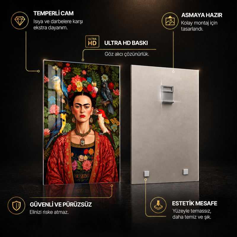 Kuşlar ve Çiçeklerle Frida Kahlo Cam Tablo – Cam Tablo