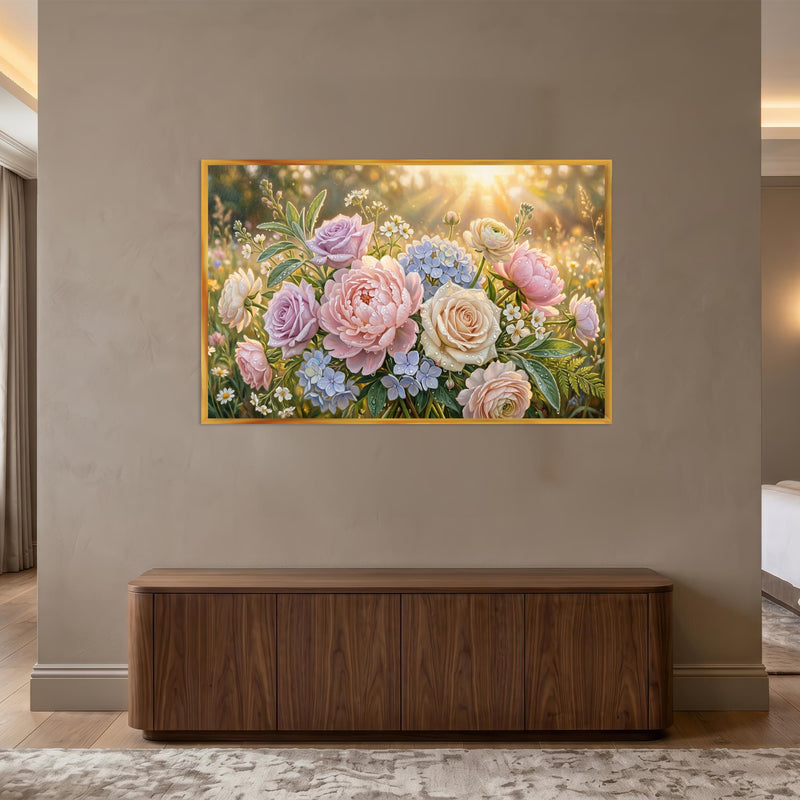 Gün Işığında Pastel Çiçekler Cam Tablo – Altın Çerçeveli Cam Tablo