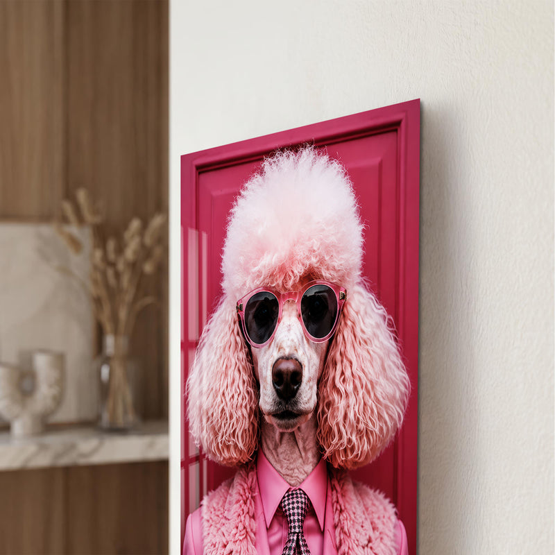 Pembe Takımlı Pudel Köpek Cam Tablo – Cam Tablo