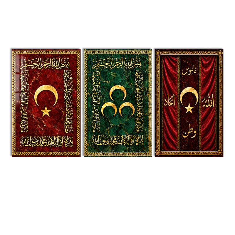 Hilal Yıldızlı Hat Bayrakları Üçlü Cam Tablo