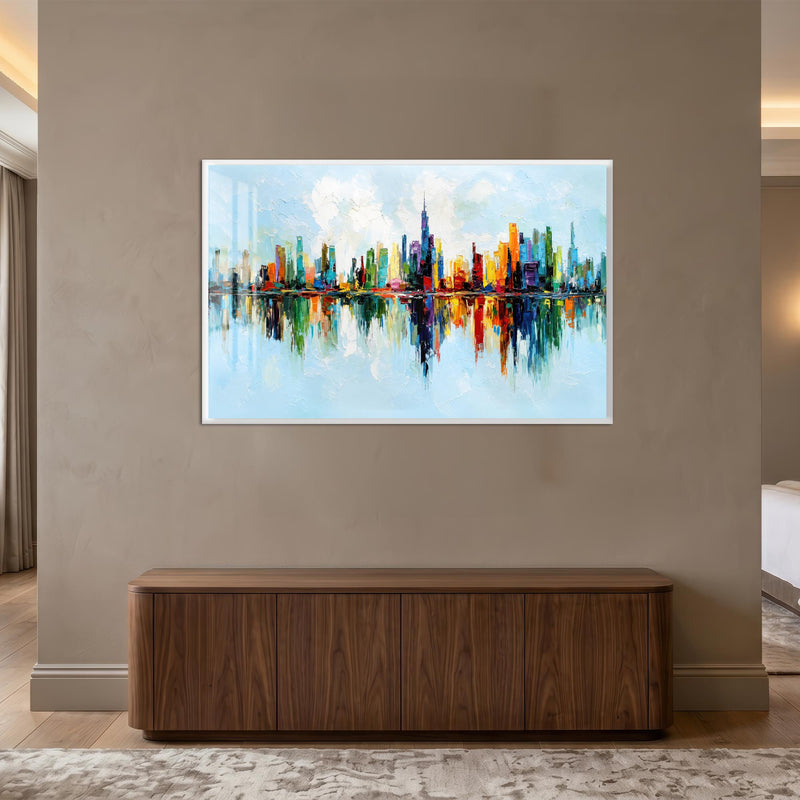 Renkli Şehir Skyline Gündüz Cam Tablo – Beyaz Cerceveli Cam Tablo
