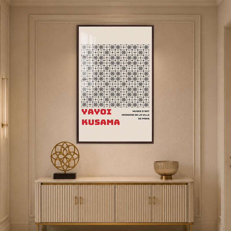 Gri Geometrik Çiçek Deseni Cam Tablo – Ceviz Çerçeveli Cam Tablo