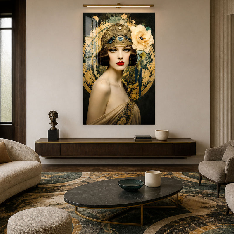 Art Deco Çiçek Taçlı Kadın Cam Tablo – Cam Tablo