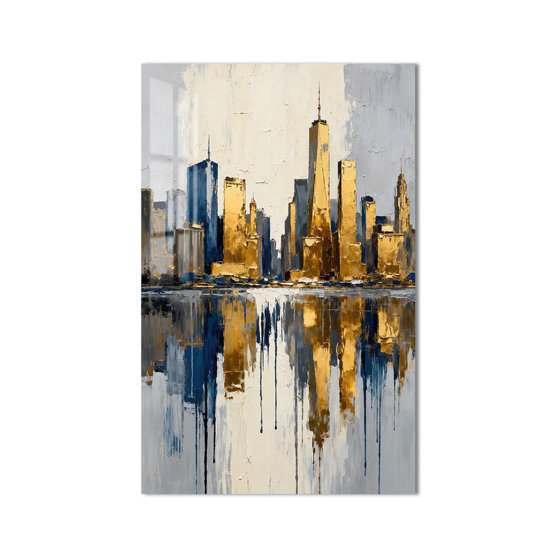 Altın Lacivert New York Skyline Cam Tablo – Cam Tablo