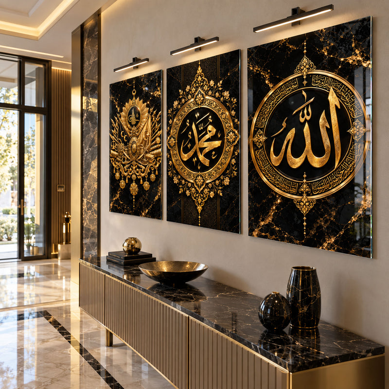 Altın Allah Muhammed Hat Üçlüsü Üçlü Cam Tablo