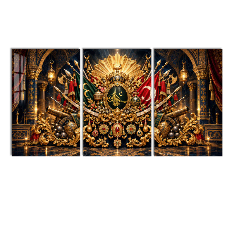 Tuğralı Osmanlı Saray Üçlüsü Üçlü Cam Tablo