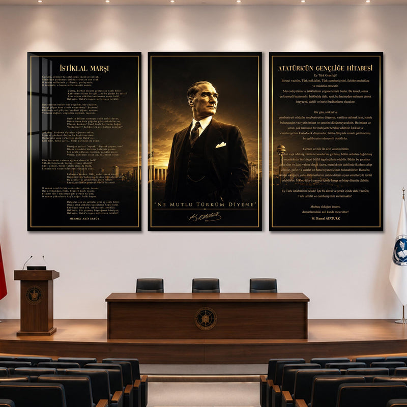 Atatürk Köşesi Üçlü Cam Tablo Seti — Altın Saatte Ankara