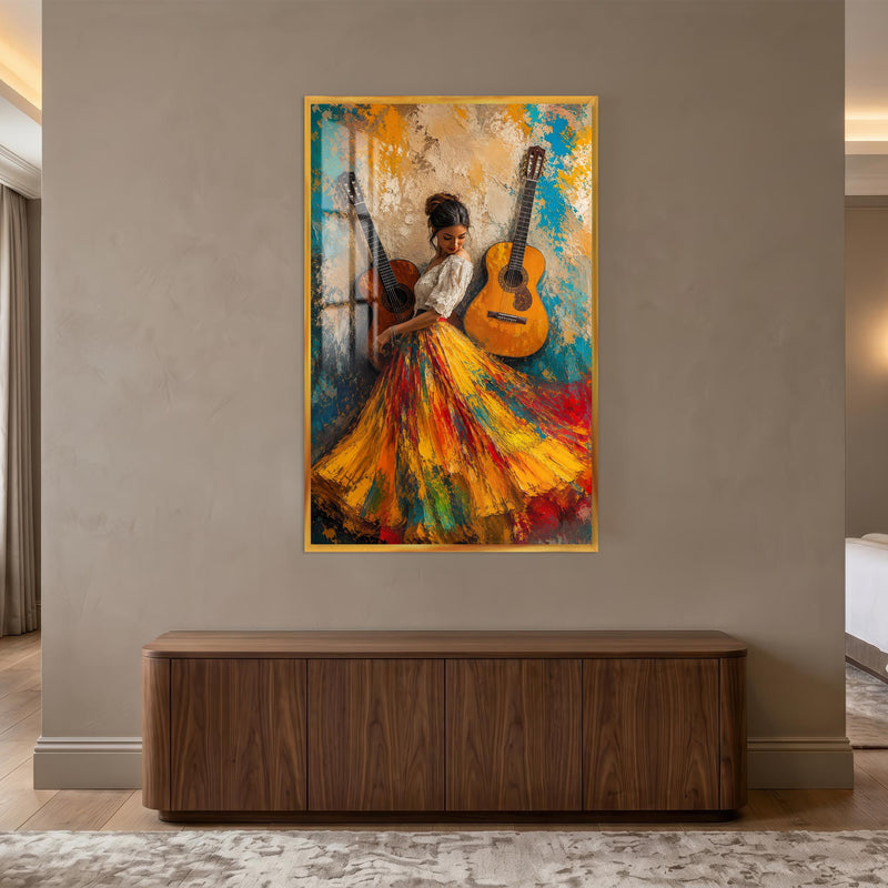 Gitarların Renkli Dansı Cam Tablo – Altın Çerçeveli Cam Tablo