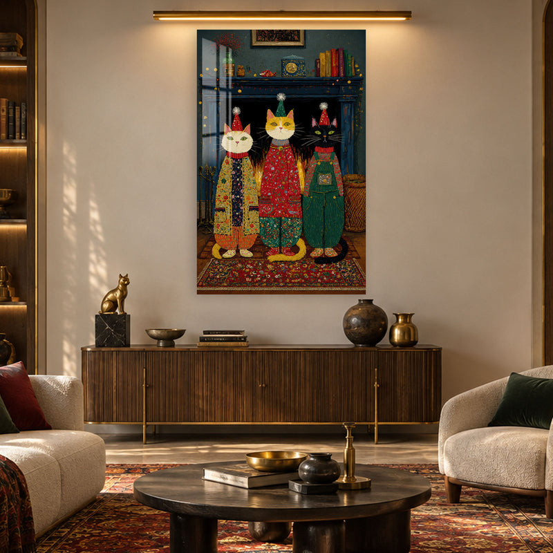 Tatil Şapkalı Üç Kedi Cam Tablo – Cam Tablo