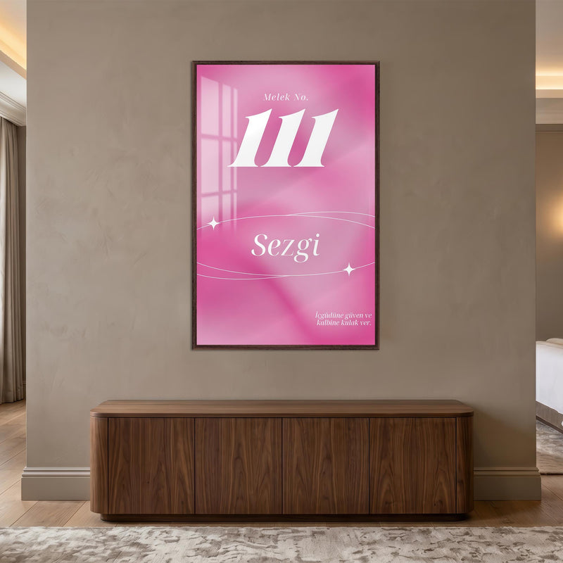 Pembe 111 Sezgi Mesajı Cam Tablo – Ceviz Çerçeveli Cam Tablo