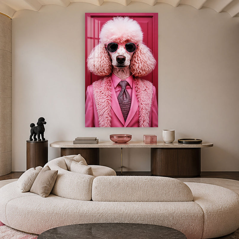 Pembe Takımlı Pudel Köpek Cam Tablo – Cam Tablo