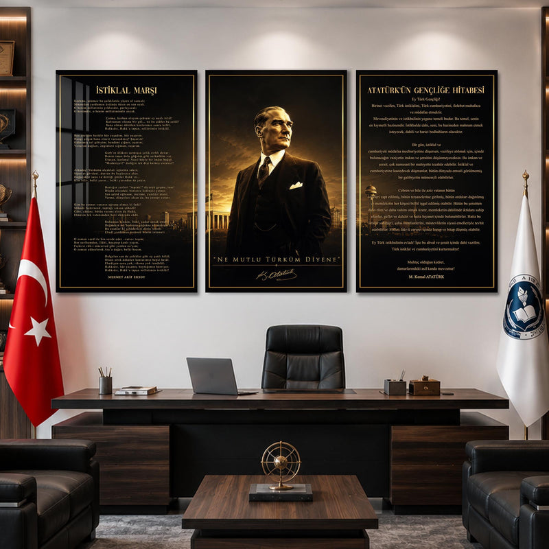 Atatürk Köşesi Üçlü Cam Tablo Seti — Altın Saatte Ankara