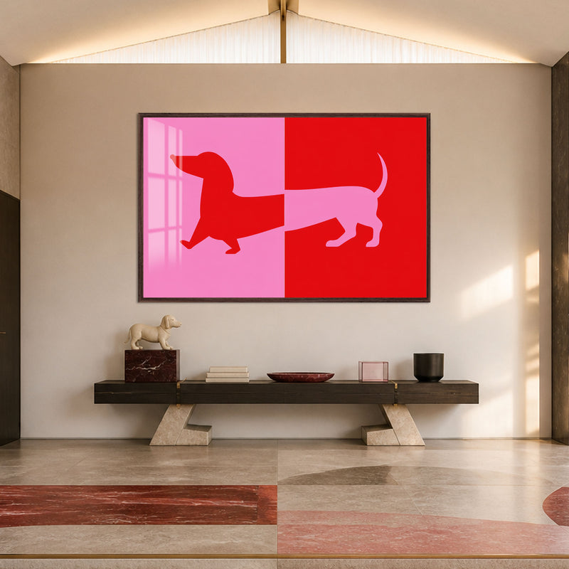 Pembe Kırmızı Sosis Köpek Cam Tablo – Ceviz Çerçeveli Cam Tablo