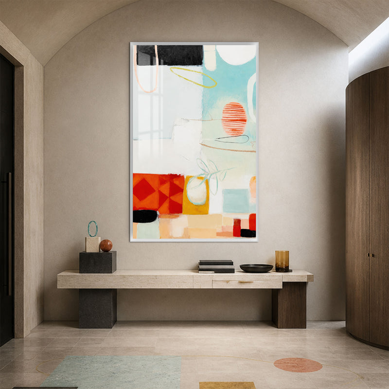 Pastel Soyut Kolaj Cam Tablo – Beyaz Çerçeveli Cam Tablo