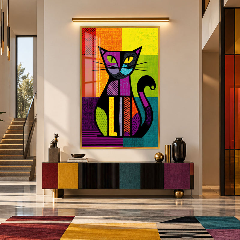 Geometrik Renkli Kedi Cam Tablo – Altın Çerçeveli Cam Tablo