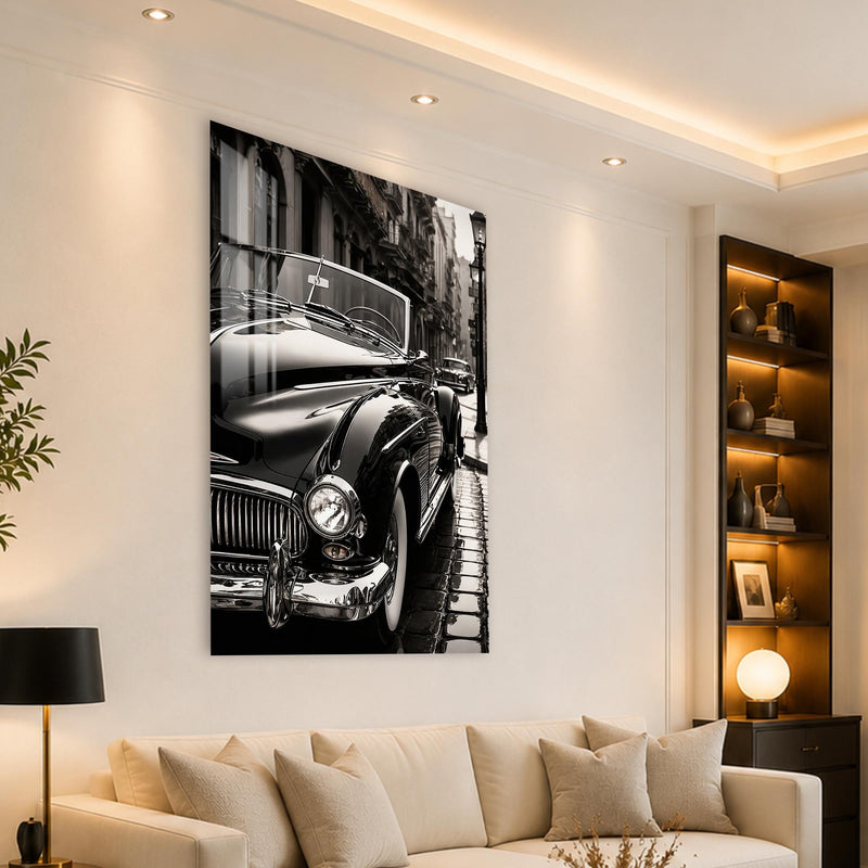 Siyah Beyaz Vintage Otomobil Sokak Sahnesi Cam Tablo – Cam Tablo