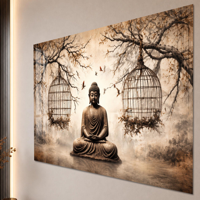Meditasyon Yapan Buda ve Kuş Kafesleri Cam Tablo – Cam Tablo