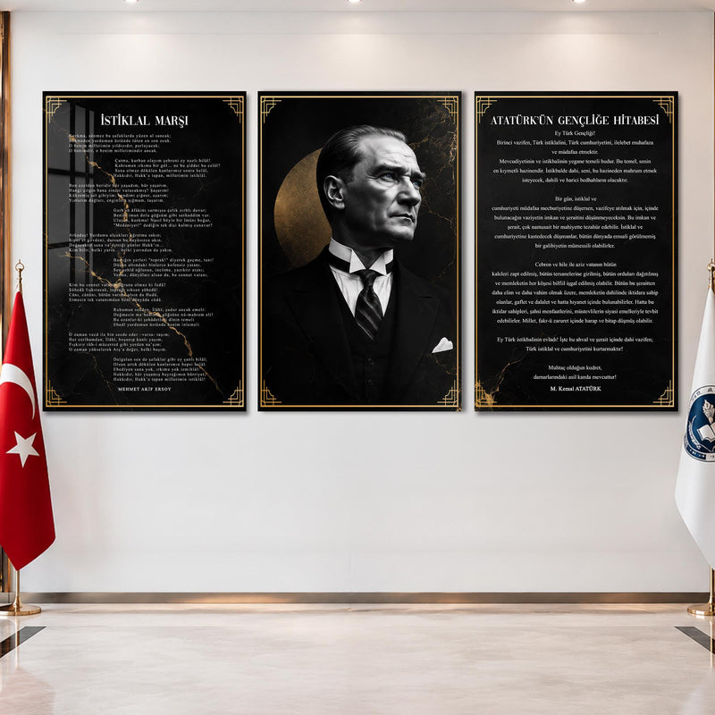 Atatürk Köşesi Üçlü Cam Tablo Seti — Mermer Desenli